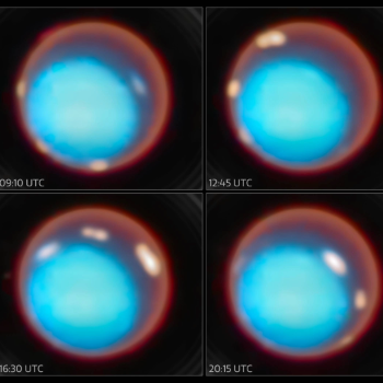 caption:Uranus' auroras captured during a full rotation of the planet.