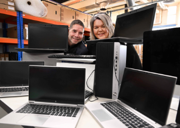 Caption: Bryan Jeffers and Kelly Johnson from Northumbria University's IT Asset Management Team.