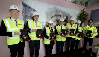 Caption:L-R Professor John Woodward, Robert Lightfoot, Cllr Karen Kilgour, Professor Andy Long, Sir Andrew McAlpine, CDRE Dave Moody, Gary Tidyman.