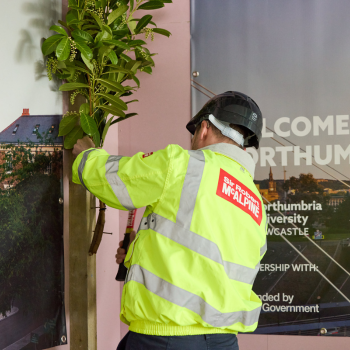 Caption:Gary Tidyman nails traditional evergreen bough to structure at NESST topping out ceremony