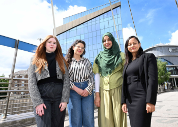 caption:From l-r Isabelle Crossley, Dr Perrine Lognoné, Dr Amna Riaz and Dr Kabita Adhikari, pictured with Northumbria University’s new North East Space Skills and Technology Centre (NESST) in the background.