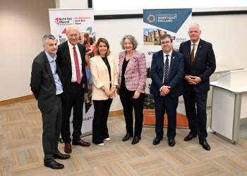 Caption: Professor Steve Cummings (Teesside), Professor Chris Day (Newcastle), North East Mayor Kim McGuinness, Professor Karen O'Brien (Durham), Professor Andy Long (Northumbria) and Sir David Bell (Sunderland)