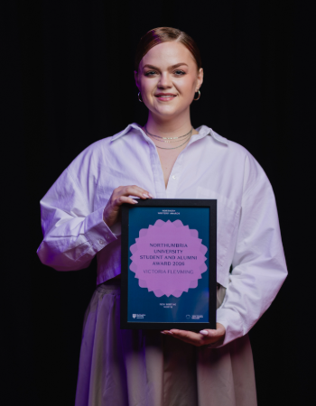 caption:Victoria Flemming pictured with her Northern Writers' Award