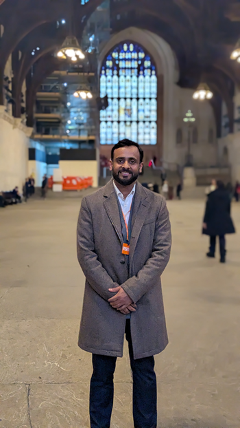 caption:Dr Cecil Cherian Lukose, pictured in Westminster Hall during a visit to the Houses of Parliament as part of the Royal Society Pairing Scheme.