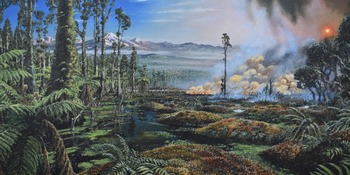 caption:Illustration of the ecosystem in Antarctica around 90 million years ago. Research shows that wildfires regularly occurred near the South Pole at that time. Credit:  James McKay (University of Leeds).