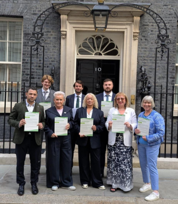 Caption: Members of the coalition delivered a letter for the Prime Minister and Secretary of State for Education to 10 Downing Street.