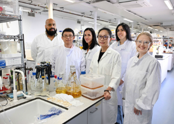 caption:From left to right the Northumbria University project team Dr Amias Moore, Dr Qiang Wu, Dr Sonia Santos, Professor Meng Zhang, Dr Melissa Poma and Dr Katie Gilmour