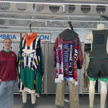 Caption: Liv Ashton is pictured with her collection, Giz A Fiver, in the Fashion studios at Northumbria University