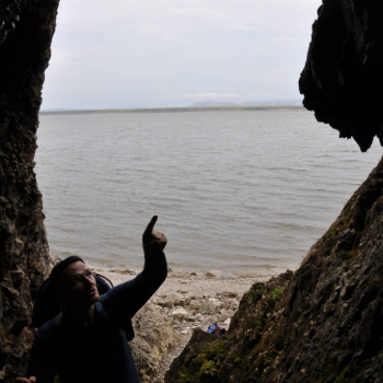 Caption:Dr Sebastian Breitenbach obtaining samples used in the study from the Taba-Ba’astakh cliffs