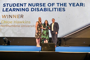 Caption: Pictured (Left): Jessica Ball (Learning Disability Acute Liaison Nurse at Sussex Community NHS Foundation Trust), Chloe Hawkins, Steve Ford (Editor, Nursing Times)