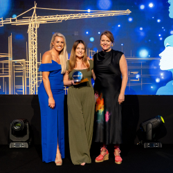 Former World Cup alpine ski racer, Chemmy Alcott is pictured with Abigail Brierley and Deputy Editor of the New Civil Engineer, Belinda Smart