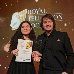 Chiara Ingravallo and Nathan Goodison from Northumbria University collect the award for Best Student Drama at the Royal Television Society Awards for the North East and Borders.