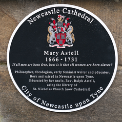 A plaque dedicated to Mary Astell situated outside Newcastle Cathedral