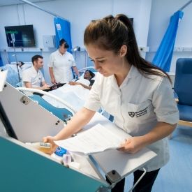 Some of the 18-month nursing degree apprentices undergoing their training in Northumbria University’s Clinical Skills Centre.