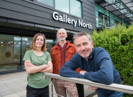 MFA student Celia Burbush, MFA co-Programme Leader Gavin Butt and Deputy Head of Arts, Steve Gilroy, are pictured outside the new look Gallery North.
