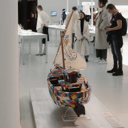 reporting the incident The Flipflopi traditional 'dhow' model is part of the Plastic: Remaking Our World exhibition. Photo by Joana Linda © EDP Foundation.