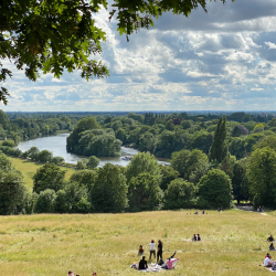 View of the countryside from Richmond, London. People on green grass field near lake during daytime