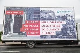 Ahead of the G7 leaders arriving in Cornwall, a ShelterBox billboard in Falmouth is urging the Prime Minister to find global solutions to help combat ‘human habitat loss’ driven by the climate crisis. (The van will be moved as little as possible and emissions have been off set with Climate Care.) Photo: Adam Gasson/PA Wire