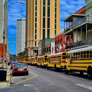 A photo taken during Dr Duggan and Dr Andrews' research in New Orleans: School buses carrying Mardi Gras krewes in New Orleans (2022). Photo credit: Dr Patrick Duggan