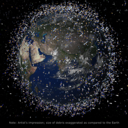 An image of the Earth with satellite debris circling it