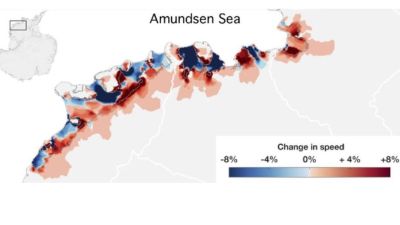 Caption:A detailed view of changes in ice flow around the Pine Island and Thwaites glaciers on the Amundsen Sea, due to thinning sea-based ice shelves. Pine Island Glacier is at the top right of the image, with changes in ice seen almost 100 miles inland.