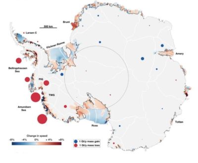 Caption:Map of Antarctica with red circles showing the areas of largest increase in ice flow into the ocean around West Antarctica, particularly seen in the Amundsen Sea around the Pine Island Glacier (PIG) and Thwaites Glacier (TWG) regions.