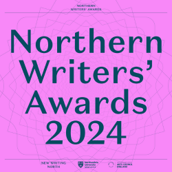 A logo with navy blue writing on a pink background which reads Northern Writers' Awards 2024