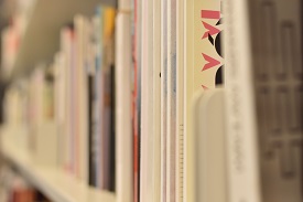 a close up of a bookshelf