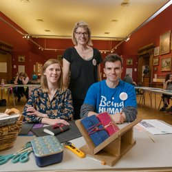 From l-r: Bookbinder Alexandra Marsden, Dr Claudine Van Hensbergen and Dr Gareth Roddy at the Books as Treasures event at the Shipley Art Gallery in Gateshead.