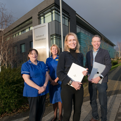 Pictured l-r, Hazel Muse and Kirstie Wallace, both Heart Transplant Co-ordinators; Newcastle Hospitals Charity Director Teri Bayliss; and Associate Professor Jamie Steane, of Northumbria University’s School of Design.