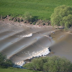 an undular bore on the River Severn river near Gloucester - a series of waves on the river which people are surfing on