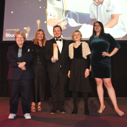 L-R: Awards host, broadcaster and comedian Sandi Toksvig; Barbara Davies, Barry Hill and Dianne Ford from Northumbria University and Isabelle Bristow of award sponsor Studiosity 