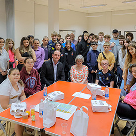 Cllr Guy Renner Thompson and Professor Greta Defeyter with HAF Plus participants at Northumbria University