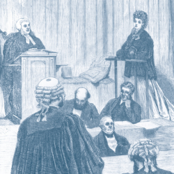 a illustration showing a Victorian courtroom scene