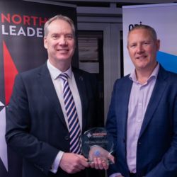 Professor John Woodward, Northumbria University, being presented with the Education Champion Award by Andy Dunn, CG Professional,  at the Northern Leaders Awards