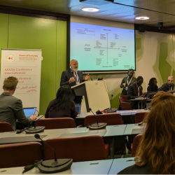 Professor Matt Baillie Smith speaking in Geneva at the International Conference of the Red Cross and Red Crescent.