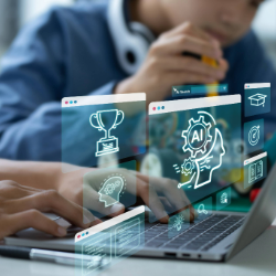 Child working at a laptop with AI holograms