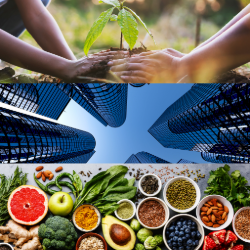 Three images of plants,  skyscrapers and fruit