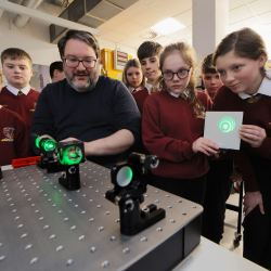 Professor Robert Wicks from Northumbria University demonstrates an interferometer – an instrument which uses two beams of light to make precise measurements – for pupils.