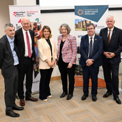 Professor Steve Cummings (Teesside), Professor Chris Day (Newcastle), North East Mayor Kim McGuinness, Professor Karen O'Brien (Durham), Professor Andy Long (Northumbria) and Sir David Bell (Sunderland)
