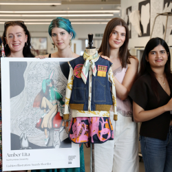 Fashion students Georgia Hogg, Amber Lita, Annabel Gilgallon and Senuji de Silva pictured with some of their work shown at Graduate Fashion Week 2026.