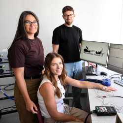Dr Elisa Nédélec, Dr Emily Hume and Dr Paul Ansdell demonstrate some of the tests being carried out during a new study, funded by the MS Society. 