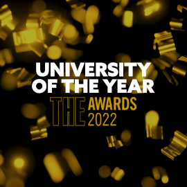 Image: golden confetti, falling. Text: Northumbria University - University of the Year (THE Awards, 2022)