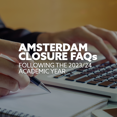 Image: taking notes in a notepad. Text: "Amsterdam Closure FAQs"
