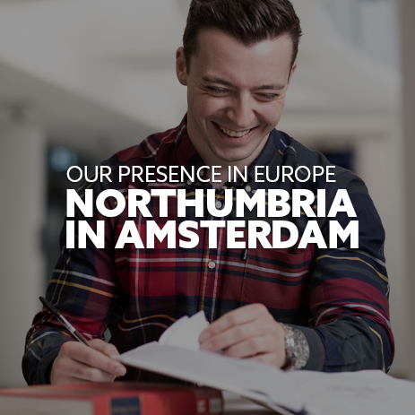Image: student sat, smiling. Text: "Northumbria in Amsterdam"