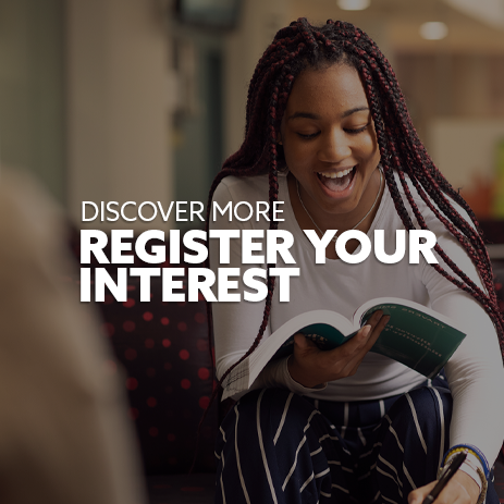 Image: student laughing, holding a textbook. Text: "Register your Interest"