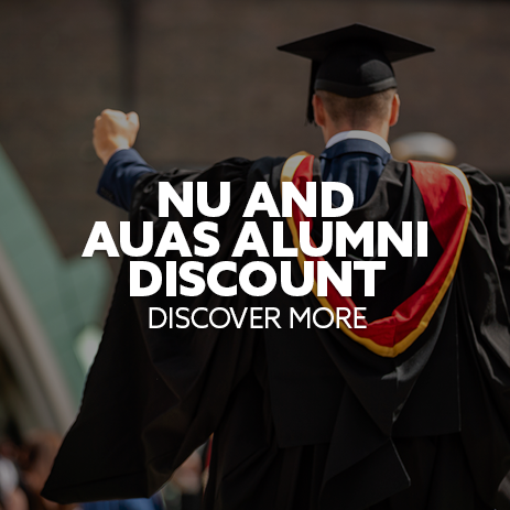 Image: back of a student, cheering after graduating. Text: "NU and AUAS Alumni Discount"
