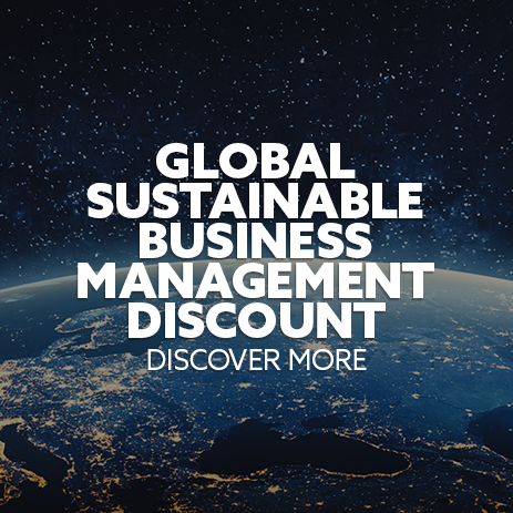 Image: the globe from space. Text: "Global Sustainable Business Management Discount"