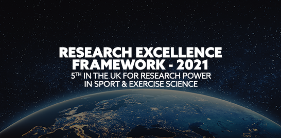 Image: the globe. Text: "Research Excellence Framework - 2021. 5th in the UK for research power in sport and exercise science"