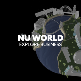 Image: NU World logo. Text: NU World - Explore Business.